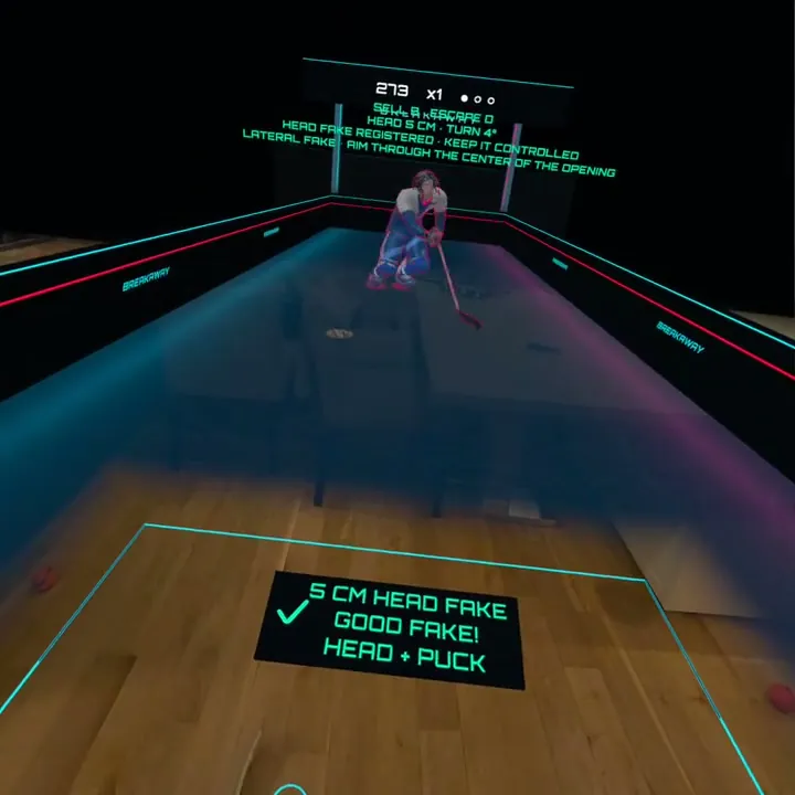 Breakaway virtual defender in captured headset gameplay