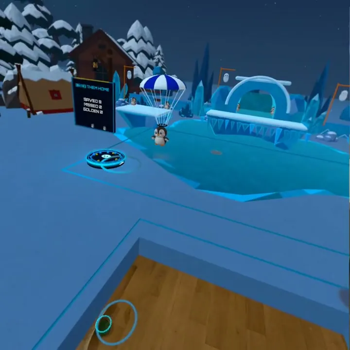 Penguins parachuting into the captured headset game